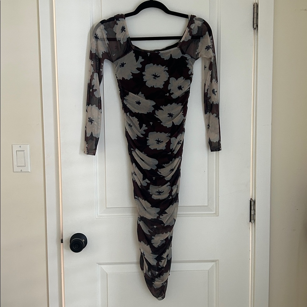 Topshop Brown Cream Floral Long Sleeve Mesh Ruched Dress - Picture 4 of 4